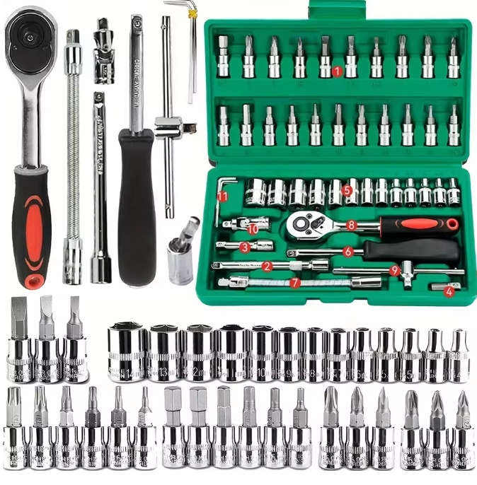 46 pièces outils 1/4 ensemble Kits d'outils mécaniques pour réparation automobile avec douilles embout hexagonal métrique clé à cliquet